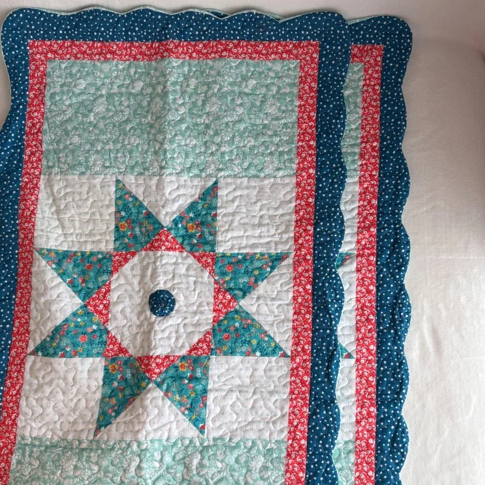 Pioneer Woman Vintage Star Set‎ of 2 King Size Bed Shams Aqua Blue Quilt Pattern
